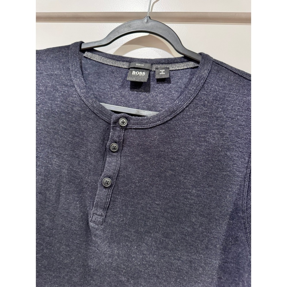 Hugo Boss Slim Fit Henley Shirt Mens Large Navy Blue Cotton Short Sleeve Knit